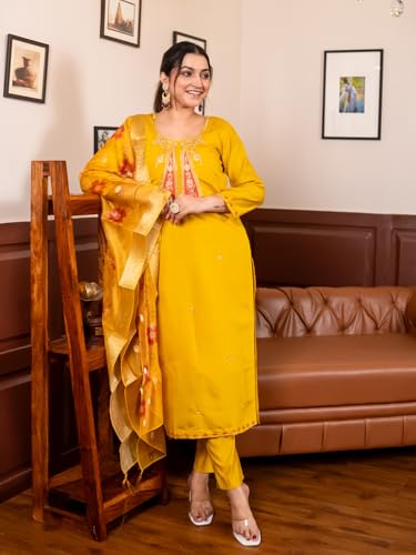 Image of VredeVogel Women's Beads Embroidered Silk Blend Kurta Pant Set with Organza Dupatta | Perfect for Festive & Casual Ethnic Kurta Set for Women