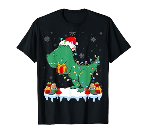 T-Rex Wearing Santa Hat Xmas Lights T-Rex Dinosaur Christmas Camiseta
