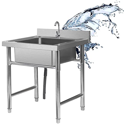 1 Compartment Stainless Steel Commercial Kitchen Prep Utility Sink with Drainboard, Single Bowl Free Standing Utility Sink for Garage, Restaurant, Laundry Room, Indoor Outdoor (60x60x80cm)