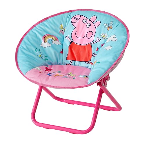 Idea Nuova 19” Folding Saucer Chair for Bedroom, Playroom, or TV Room, Toddler Chair with Foldable Metal Frame, Portable & Comfortable,Ages 3+,Peppa Pig