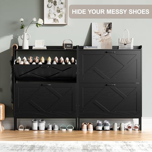 Image of Nicetree Shoe Storage Cabinet with 2 Flip Drawers, Freestanding Shoe Organizer, Shoe Cabinet with Metal Legs, Narrow Shoe Rack Cabinet, Farmhouse Slim Shoe Cabinet for Entryway, Foyer, Hallway, Black