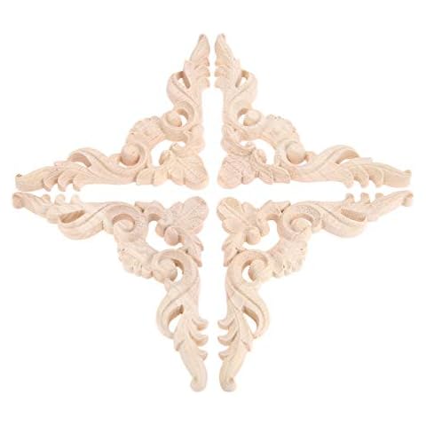 4Pcs Wood Carved Applique Decal Modern & European Handmade for Furniture Doors, Walls Ornamental Decor 10.5x10.5cm Cover