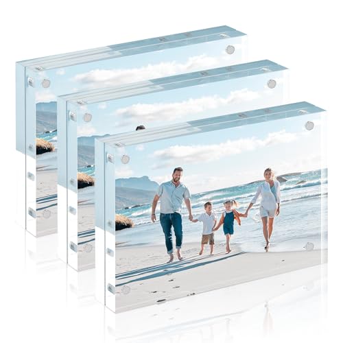 HOUSE DAY Acrylic Picture Frames,3packs, 10 X 15 Cm (4 X 6) Magnetic Photo Frames, Clear Glass Photo Block, Double Sided Photo Frame, Free Standing Frameless Frame For Family,Best Friend