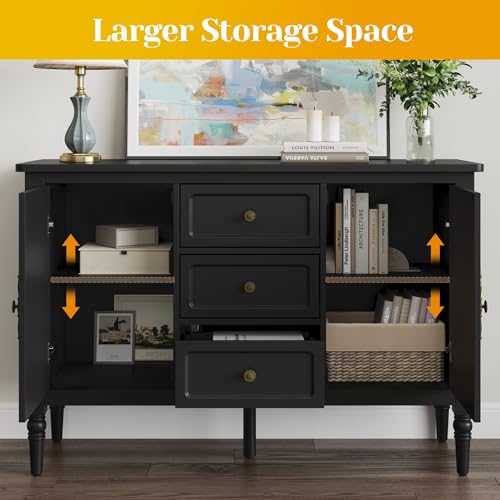 Image of FansaFurn Mid-Century Buffet Cabinet with 2 Doors & 3 Drawers, Accent Sideboard Cabinet with Adjustable Shelves & Turned Legs, Great Storage Cabinet for Living Room, Dining Room, Entryway, Black