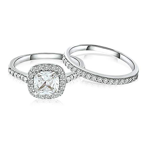 SEA OF ICE 925 Sterling Silver 6x6mm Cushion-Cut CZ Cubic Zirconia Halo Anniversary Wedding Band Engagement Ring Bridal Set, Sizes 5 to 102