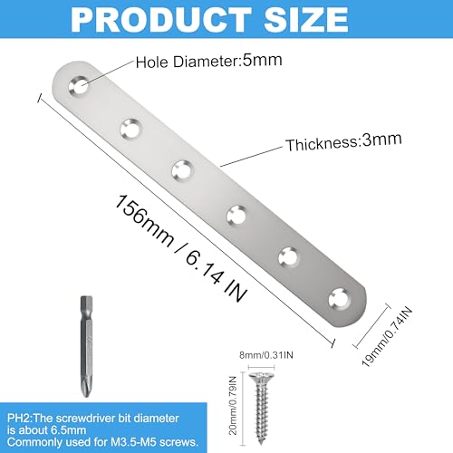 Image of 8 Pack Straight Brace,Flat Brace 6.1 inch x 0.75 inch,Stainless Steel Flat Metal Braces,Repair Bracket with Screws