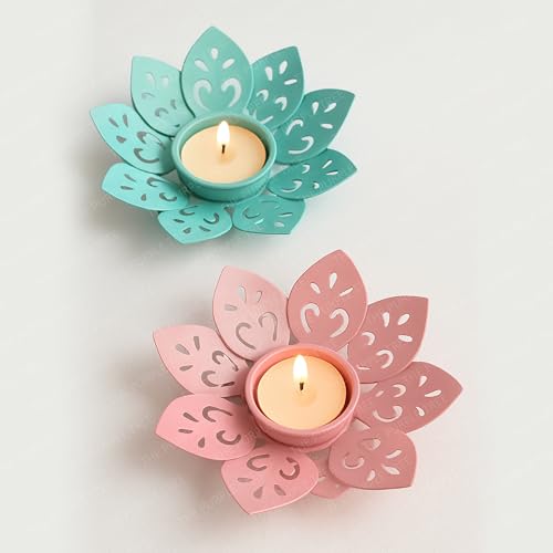 Image of The Purple Tree Set of 2 Pink & Blue Floral Tealight Candle Holders for Diwali Decoration | Decorative Metal Flower Votives for Home Decor, Festive Lighting & Gifting | Diya Holder for Pooja