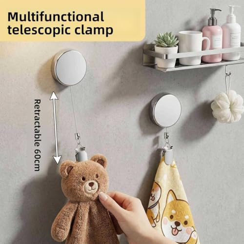 Stainless Steel Retractable Towel Holder Clip with Self Adhesive Base - No Drill Wall Mounted Dish Towel Hanger, Auto Retracting Rag Plug Hook for Kitchen and Bathroom Use - Image 5