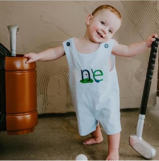 Filgriox Newborn Baby Boy Tank Romper Summer Striped Sleeveless Jumpsuit Baby 1st Birthday Hole in One Golf Outfit (Blue, 12-18 Months)