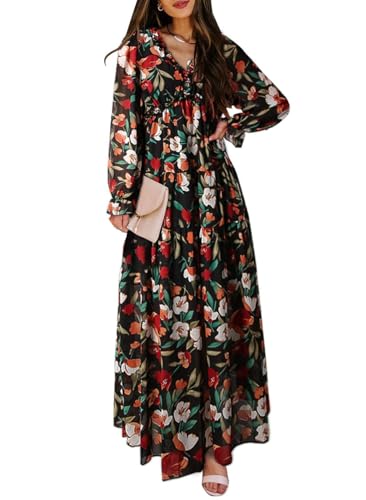 BLENCOT Womens Casual Floral V Neck Long Sleeve Long Evening Dress Cocktail Party Maxi Wedding Dresses Flower Printed Black Pattern 2 Large