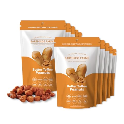 Image of Earthside Farms Butter Toffee Peanuts, 10 Count 4oz Resealable Snack Bags, No Sugar Added, Keto Friendly, Vegan, Gluten Free, Non GMO, Low Carb, High Protein, Candied Peanuts Snack