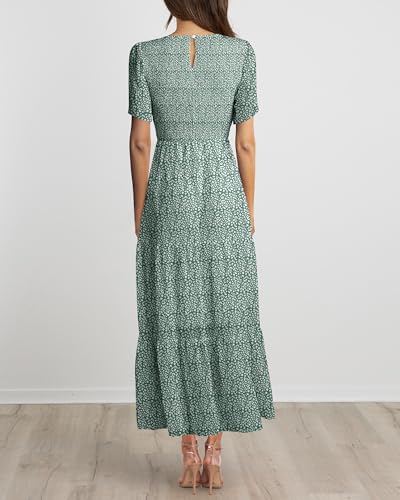 Image of BTFBM Women Casual Short Sleeve Crew Neck Summer Dress Bohemian Floral Printed Flowy Maxi Dresses Tiered Cocktail Dress