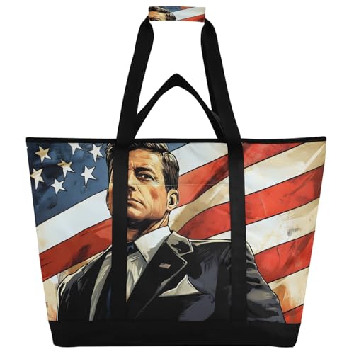 Man American Flag Large Insulated Tote Bag for Grocery Shopping Reusable Tote Bags for Women Men, Cooler Bag with Zippered Top & Handles for Beach Picnic Travel