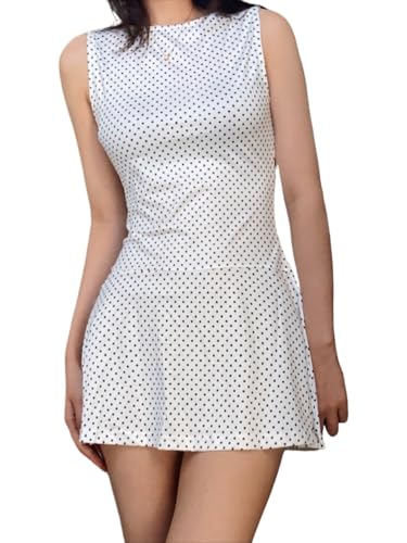 Image of Polka Dot Mini Dress for Women Sleeveless Tank Halter Dress Vintage Downtown Girl Clothes Party Going Out