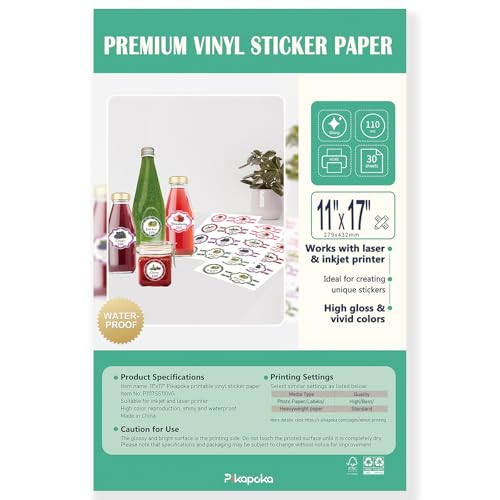 Pikapoka 11x17 Removable Self-adhesive Vinyl Sticker Paper, 30 Pack, Waterproof, Suitable for Laser and Inkjet Printer, Glossy (P1117SS110VG)