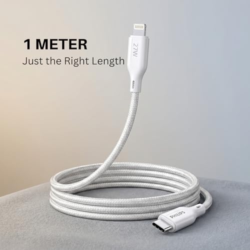 Image of PHILIPS DLC4130LW /94 27W iPhone Original Type-C to Lightning Fast Charging Cable (1m, Bright White) | MFi Certified | 480Mbps | Nylon Braided | Compatible with iPhone & Other Lightning Devices