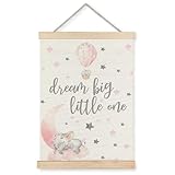 Supwhd Baby Girl Elephant Nursery Wall Decor, Pink Baby Elephant Nursery Wall Art Decor for Baby Toddler Little Girls Room Playroom, Dream Big Little One Poster Hanger Frame, 12x16 Inches