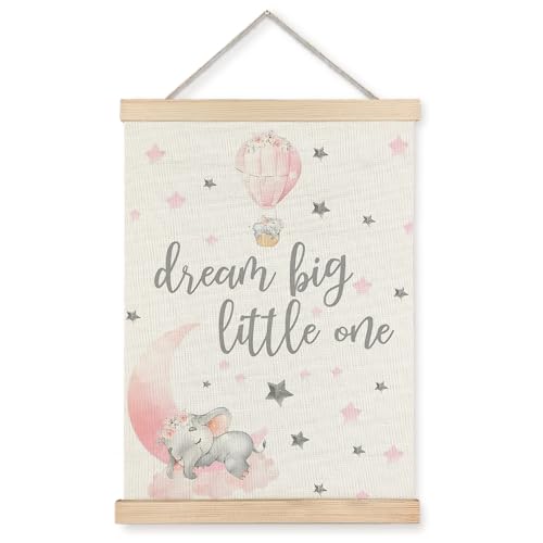 Supwhd Wanddekoration für Baby-Mädchen, Elefant, Rosa, Baby-Elefant, Kinderzimmer, Wandkunst, Dekor für Baby, Kleinkind, kleine Mädchen, Spielzimmer, Dream Big Little One, Posteraufhängerrahmen, 30,5