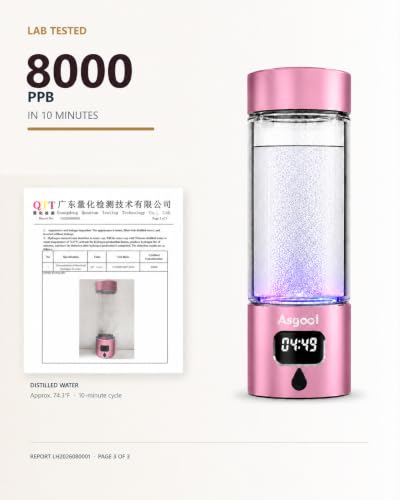 Image of Hydrogen Water Bottle Generator, 5000 PPB Hydrogen Rich Water with LED Timer, Rechargeable, Glass Bottle with Aluminum Alloy Shell, 1300mAh Battery for Home Office Travel (Pink)