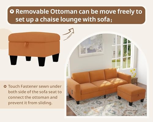 Image of SRMS Sectional Couches for Living Room 78 inch L Shaped Sofa with Storage Ottoman | Free 3 - Pillows | Sofa Set for living Room, Office, Hotel | Modern Classic 3 Seater Sofa Set | Orange