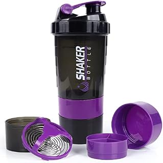 XSUPER Protein Shaker Bottles for Protein Mixes-16 Ounce Leak Poof Shaker Cups for Protein Shakes-Fitness Sports Shaker Water Bottle with Pill Organizer and Storage for Protein Powder (Purple)