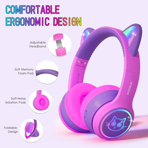 Image of IFECCO Wireless Kids Headphones with Microphone,Foldable Cute Light Up Cat Ear Children Girls Bluetooth Headphones with Case for School Gifts Travel