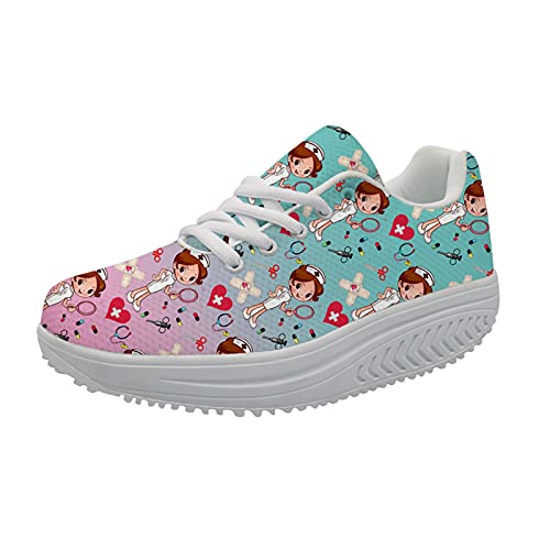 Showudesigns Calzado Running Mujer Enfermera Zapatillas de Deporte Casual Sneakers para Caminar Plataforma Zapatillas con Cordones Shake Toning Rocker EU 36 Arco Iris Colorido Rosa y Aqua