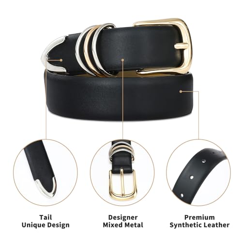 RISANTRY Women's Leather Belts for Jeans Dresses,Black Leather Waist Belt Gold and Silver Accessories with Gold Buckle — view 5
