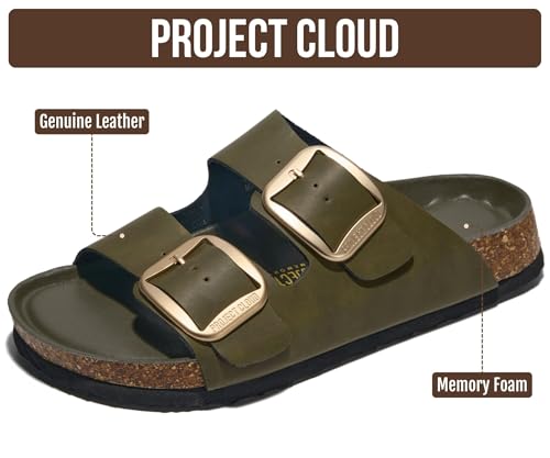 Image of Project Cloud 100% Genuine Leather Footbed Sandals for Women 2026 Comfortable Beach Essentials Womens Sandals Memory Foam Vacation Essentials Slides for Women Footwear (Santorini)