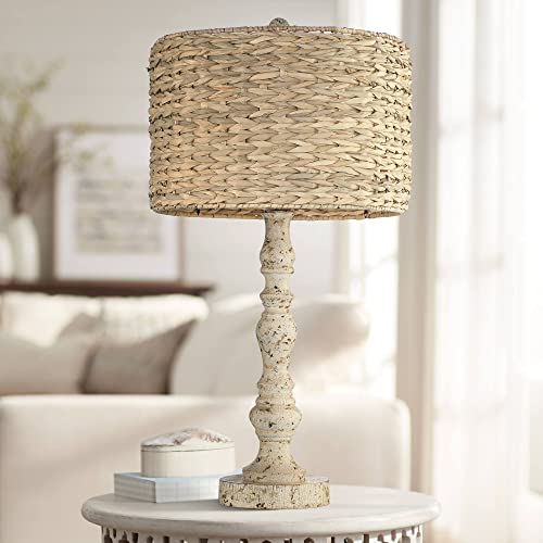 John Timberland Jackson Country Cottage Coastal Table Lamp 27.5" Tall Rustic Natural Distressed Antique White Candlestick Rattan Drum Shade for Living Room Bedroom House Bedside Nightstand Home