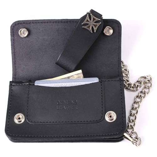 Milwaukee Leather MLW7825 Men's 6” Black Leather Bi-Fold Biker Wallet w/Anti-Theft Stainless Steel Chain and Iron Cross Emblems - 6 Inch4