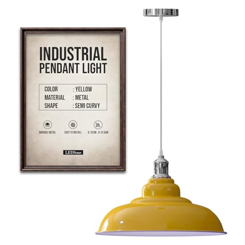 LEDSone Lampada a sospensione retrò E27 32 cm, lampada da soffitto in metallo, stile vintage, cavo regolabile - Faretto bianco per cucina, sala da pranzo, bar, caffetteria, ufficio (Giallo)