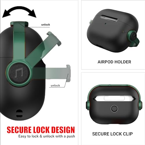 NEWTECHNO Antilost Lid Case Cover Shell for Airpods pro 2| Full Protection Case Cover with Lanyard Compatible for Airpods pro Gen-2 with carabaner | Green-Black 5 41Zd0V09nRL