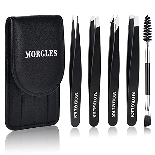 Tweezers for Eyebrows, MORGLES 5PCS Tweezers for Women Precision Tweezers Set with Eyebrow Brush Leather Case for Eyebrow Ingrown Hair Removal