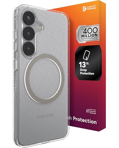 ZAGG Milan Snap Samsung Galaxy S25 Case – Clear Glitter Design, Slim & Drop Resistant up to 13ft, Fast Wireless Charging Compatible, Stylish Protective Case, Glitter Starlight