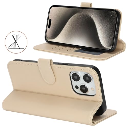 Image of for iPhone 15 Pro Max Case Wallet with Card Holder,for iPhone 15 Pro Max Wallet Case for Women Men,PU Leather Shockproof Magnetic Buckle Stand Flip Phone Case-Beige