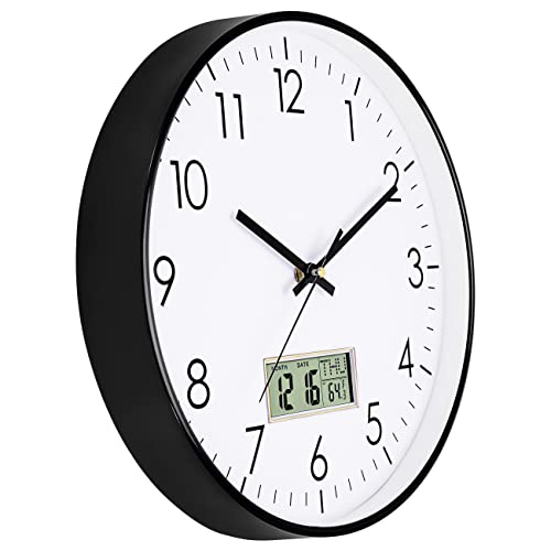 Foxtop Digital Wall Clock With Date, Month, Day Of Week And Temperature, 12 Inch Non-Ticking Silent Battery Operated Round Quartz Analog Clock For Classroom Office Bedroom Home School #TOP1
