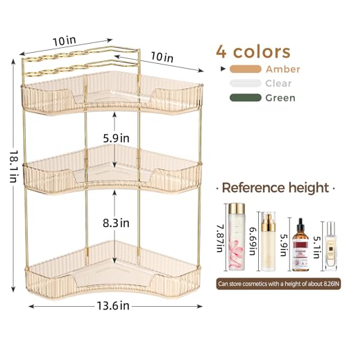 Image of BEFSOP Corner Bathroom Counter Organizer, Upgraded 3-Tier Makeup Organizer Countertop with Makeup Brush Holder, Skincare Exquisite Vanity Organizers Countertop Bathroom Storage Dresser(GOLD)