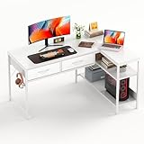 CAIYUN L Shaped Computer Desk with 2 Drawers, 39 Inch Office Corner Desk with 2 Storage Shelves, Working Table Study Table for Home Office Desk, White