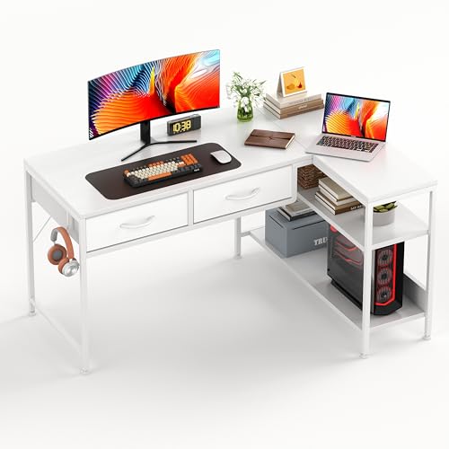 CAIYUN L Shaped Computer Desk with 2 Drawers 100CM Office Corner Desk with 2 Storage Shelves Working Table Study Table for Home Office Desk White