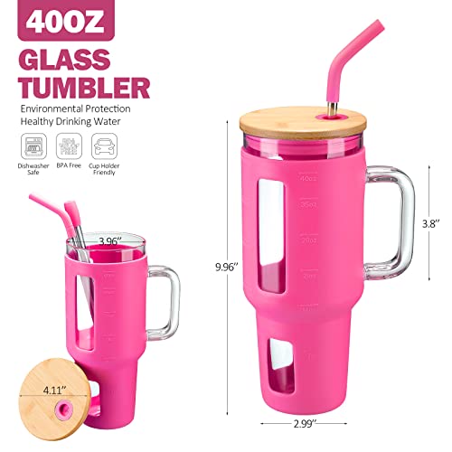 Kodrine Tumbler, 40 Oz Glass Tumbler With Handle, Large Tumbler With Lid And Straw, Iced Coffee Cup Cold & Hot Water Tumbler Fits Car Cup Holder, Time Marker Silicone Sleeve, Dishwasher Safe, Rose Red #TOP5