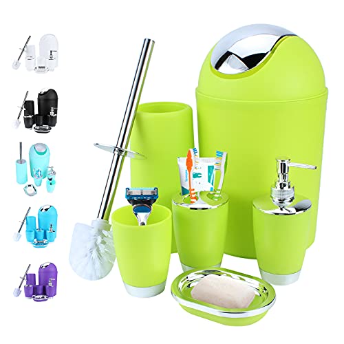 6 Piece Bathroom Accessories Set,Plastic Bath Ensemble Bath Set Lotion Bottles, Toothbrush Holder, Tooth Mug, Soap Dish, Toilet Brush, Trash Can,Green