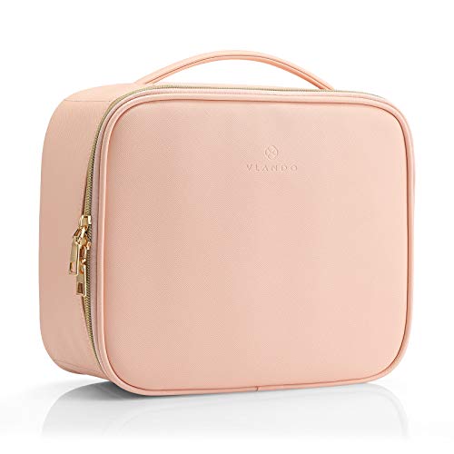Vlando Travel Makeup Bag, Large Capacity Cosmetic Bag for Women PU Leather Makeup Case Organizer Portable Make up Bag with Dividers and Handle for Girls,Wedding,Makeup Brushes Pink A.Pink Me