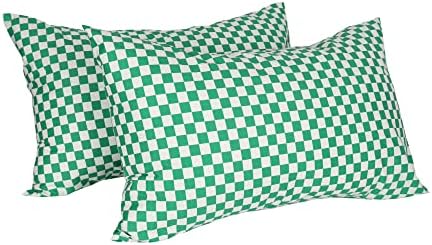 2 Pack Green Cotton Queen Pillow Cases, Super Soft Checkered Bed Pillow Pillowcases with Envelope Closure, Fade and Stain Resistant Pillow Covers, 20" x 30"