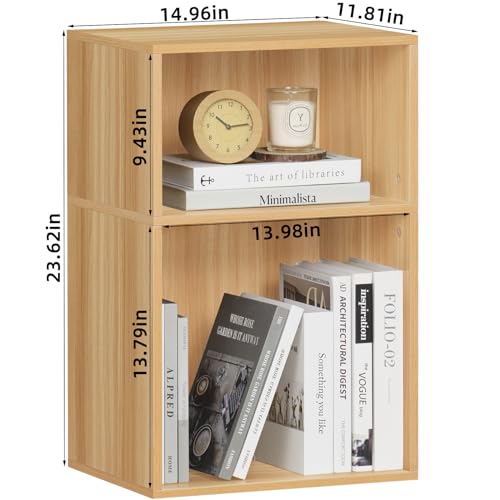 LEYAOYAO 2 Cube Bookshelf,Natural Record Player Stand Holds up to 100 Albums, Mini Wood Book Shelf Storage Organizer,Turntable Stand with Vinyl Storage Cabinet, Narrow Open Bookcase for Small Spaces