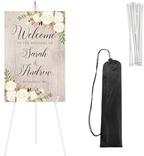 66" Easel Stand with Portable Bag,Foldable Adjustable Portable Ground Easel Display Stand for Display, Wedding Sign, Poster, White Metal Easel with Portable Bag