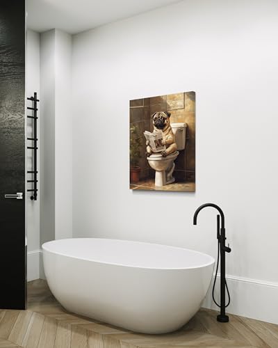 Image of Pug on Toilet Wall Art Print Canvas Wrapped, Dog Bathroom Humor Decor Posters Prints for Restroom Home Picture Painting Artwork Gallery 7 (Pug, 20 inchL x 16 inchW CANVAS, Wrapped Canvas)