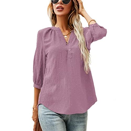 LOMON Women's Casual 3/4 Sleeve Henley V-Neck Button Up Pleated Back Blouses Swiss Dot Blouse Tops T-Shirts S-XXL X-Large Pink Purple