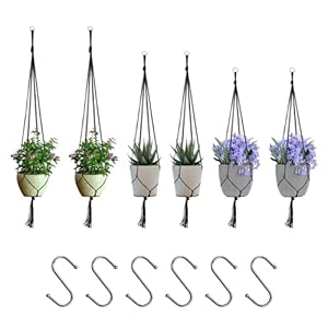 COACOM 6 stuks kanten hangmanden met 6 haken, katoenen touw-hangmand, hangende bloempot, nettas, geschikt voor binnen, buiten, tuin, terras, raam (zwart)