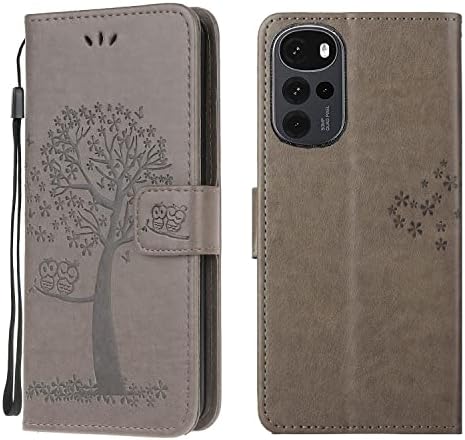 Motorola G22 Case, Leather Wallet Flip Folio Magnetic Clasp Card Holder Stand View Bookstyle Cases for Motorola Moto G22 Phone Cover Shockproof Cute Owl & Tree Pattern Girls, Blue